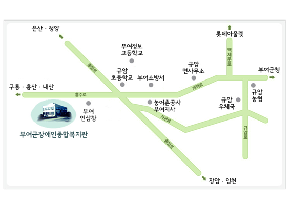 부여군장애인종합복지관의 위치를 나타낸 지도 이미지. 규암 사거리와 멀지 않고 근처에 부여 인삼창이 있다.